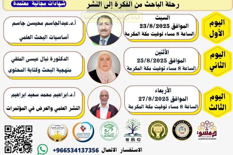 على هامش المؤتمر تنظم اللجنة العلمية  ورشة عمل مكثفة في البحث العلمي بعنوان  (( رحلة الباحث من الفكرة إلى النشر  ))